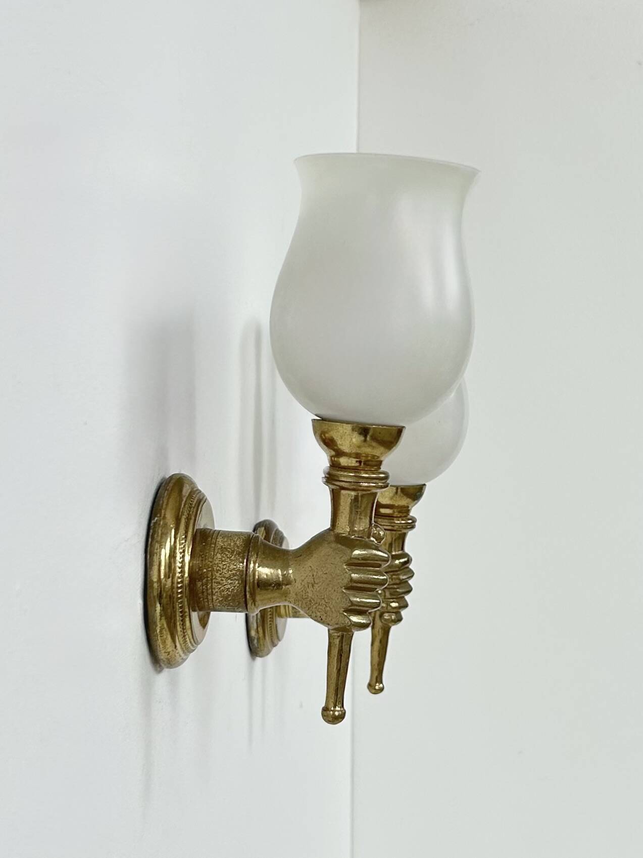 Pair of vintage wall lights, Maison Jansen, brass and opaline, France, 1960.