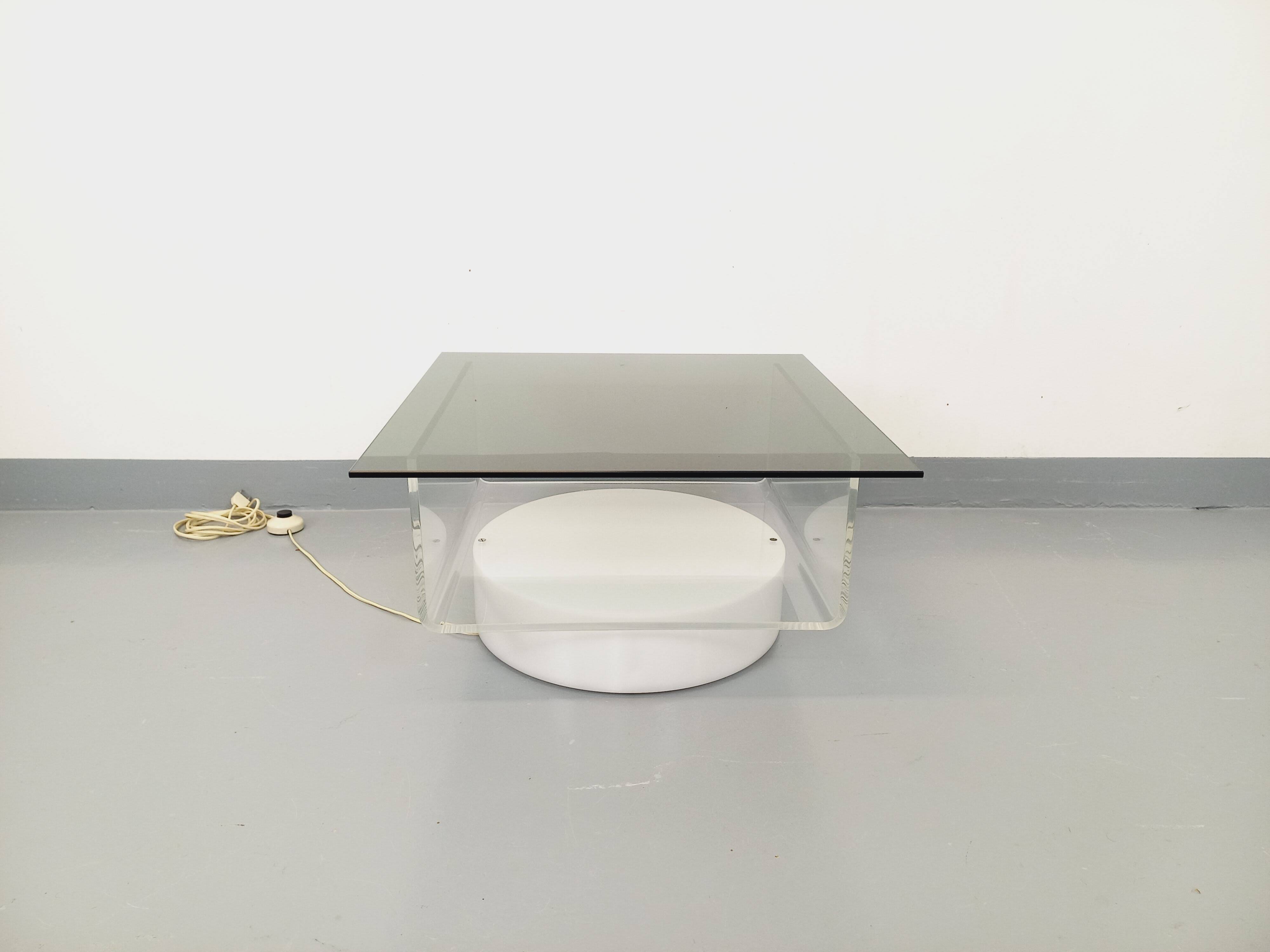 Vintage Italian square illuminated coffee table in glass and plexiglass