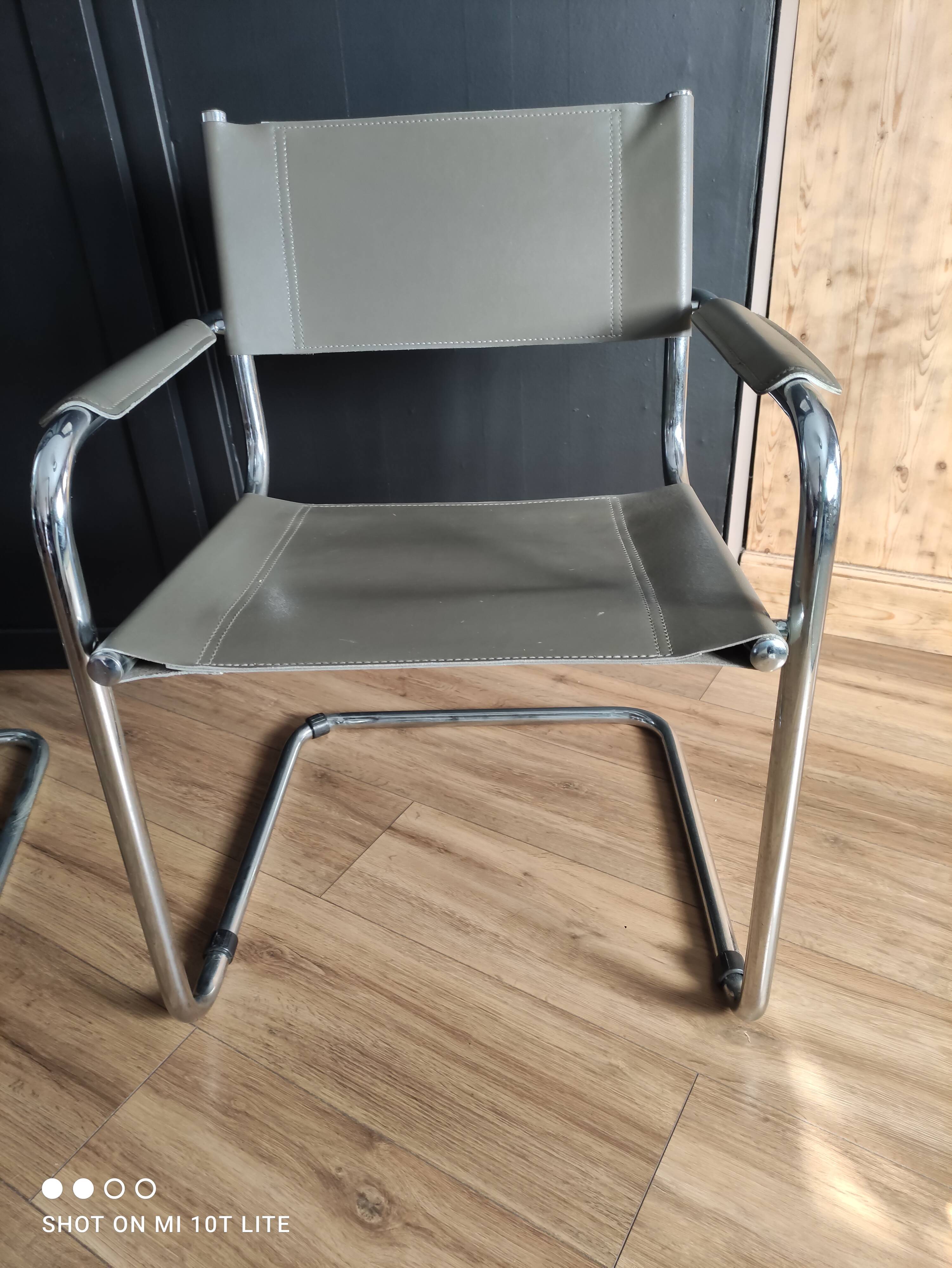 Pair of taupe Cantilever armchairs with chrome base