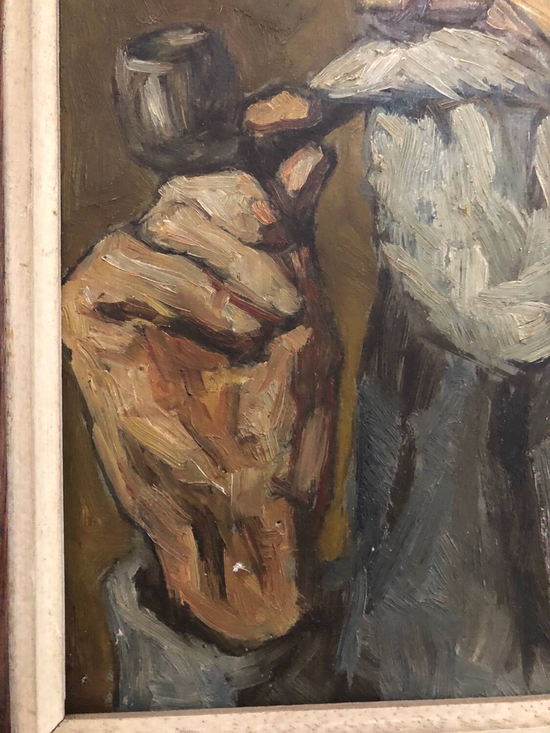 Oil on panel portrait of elderly man with pipe signed
