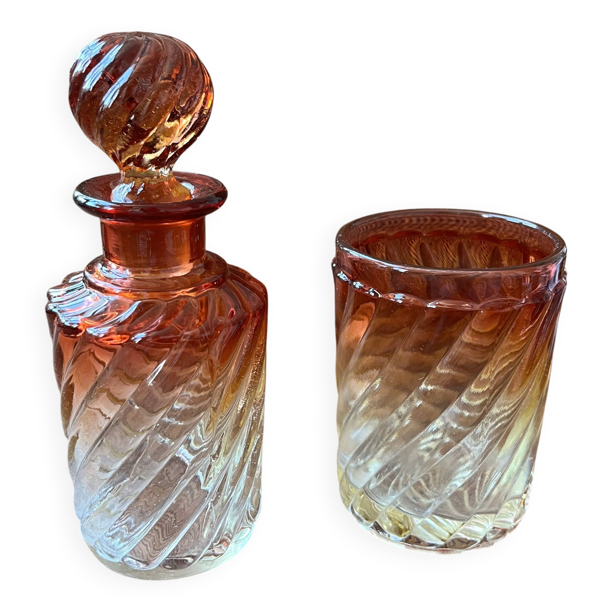 Baccarat crystal bottle and glass, bamboo model, 19th century.