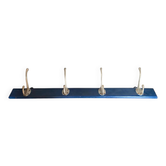 Old blue wood wall coat rack + 4 vintage aluminum hooks
