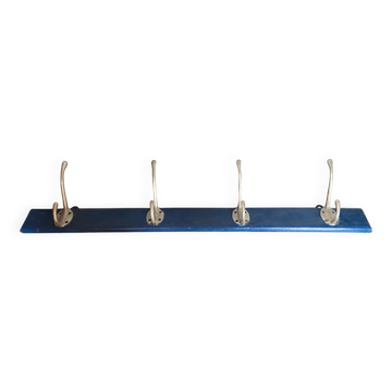 Old blue wood wall coat rack + 4 vintage aluminum hooks