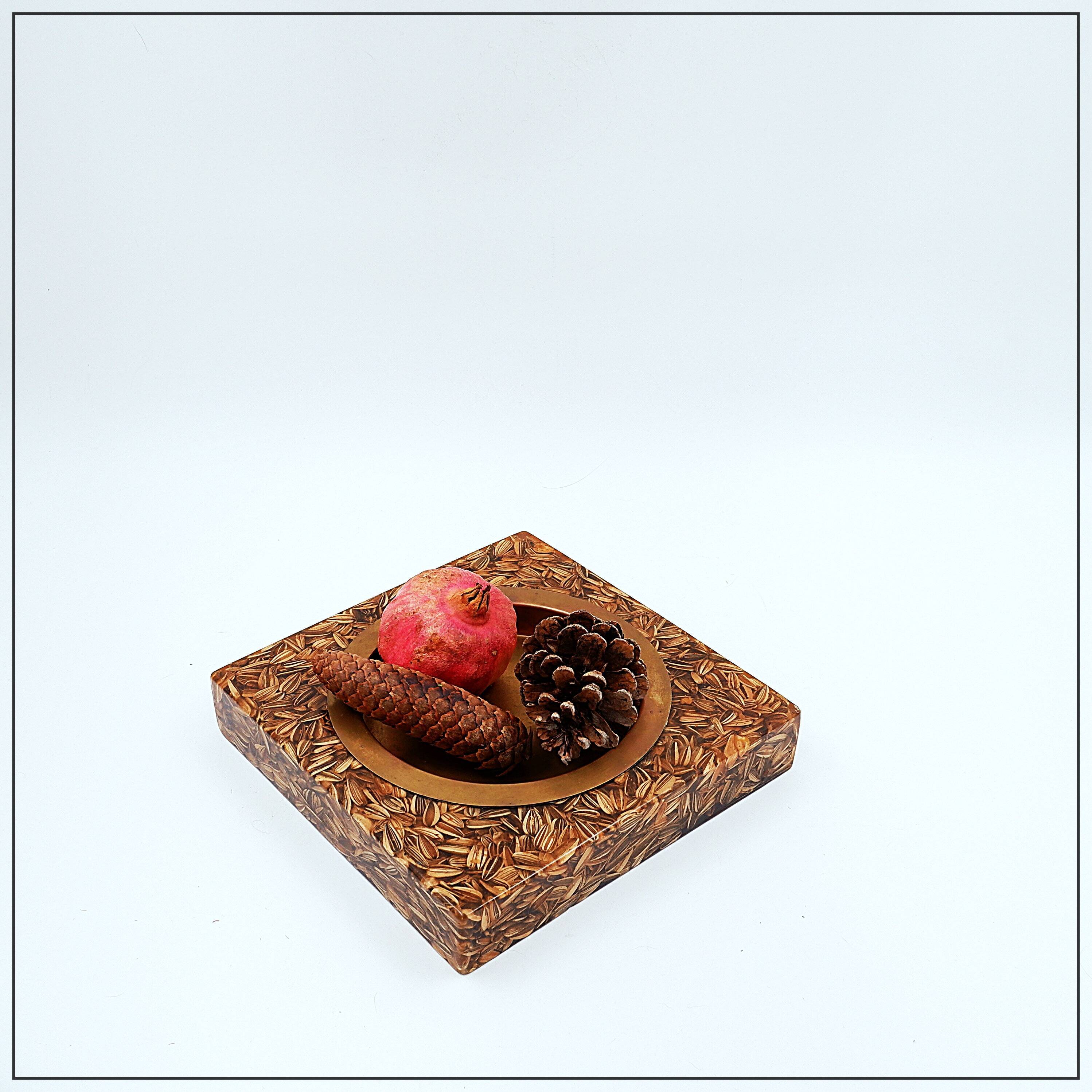 Large square brass and epoxy trinket tray with seed inclusions