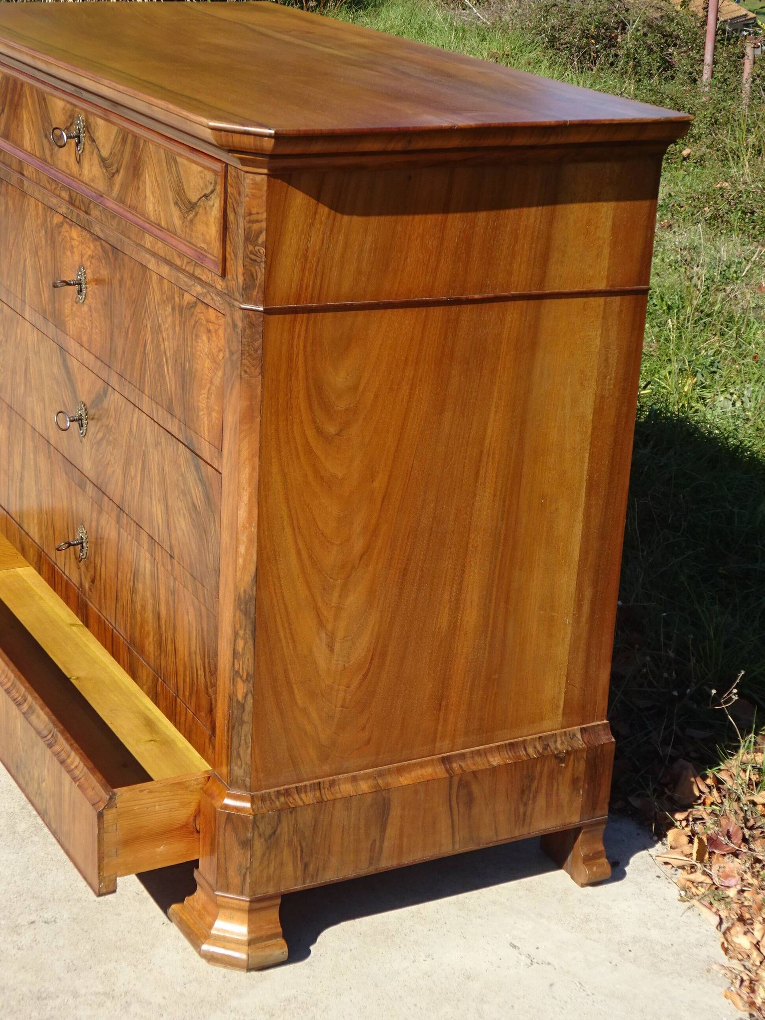 Walnut and walnut burl commode in Louis Philippe style.