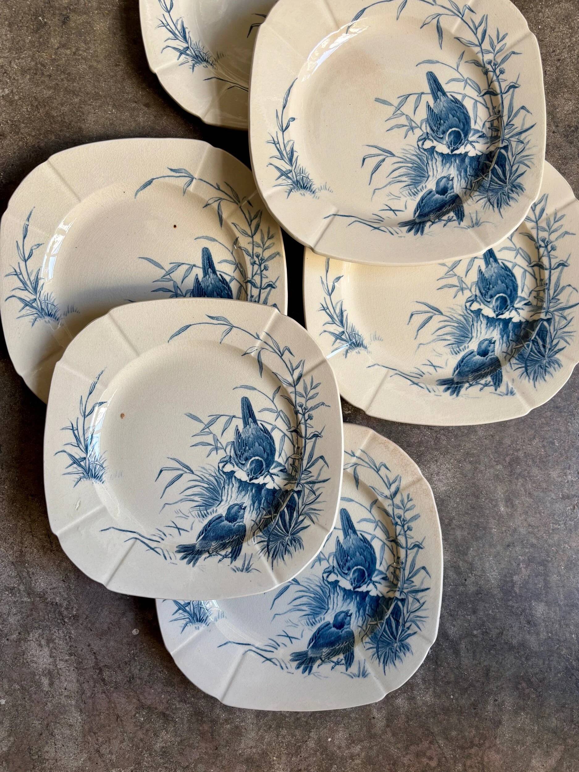 6 dessert plates Gien in blue ironstone, "Birds" service circa 1870 no. 2
