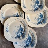 6 dessert plates Gien in blue ironstone, "Birds" service circa 1870 no. 2