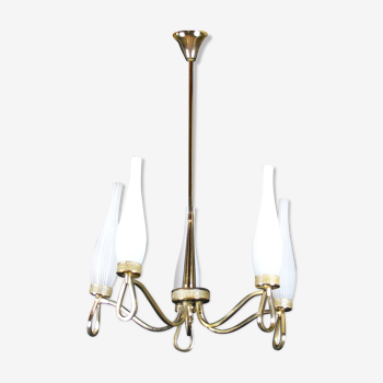 Mid-Century Brass and White Opaline Chandelier by Maison Arlus, France