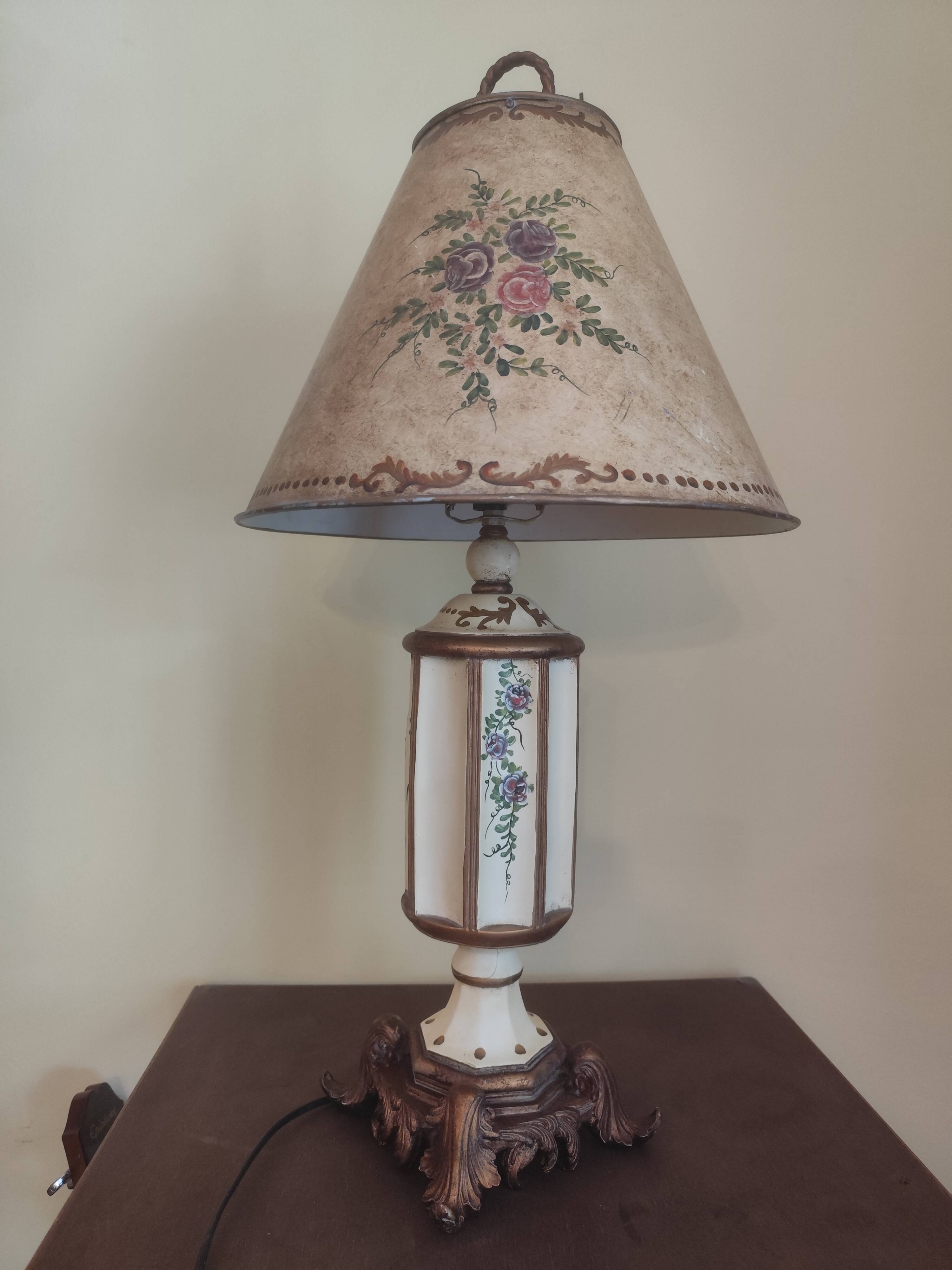 Large pagoda lamp painted with floral patterns and metal shade.