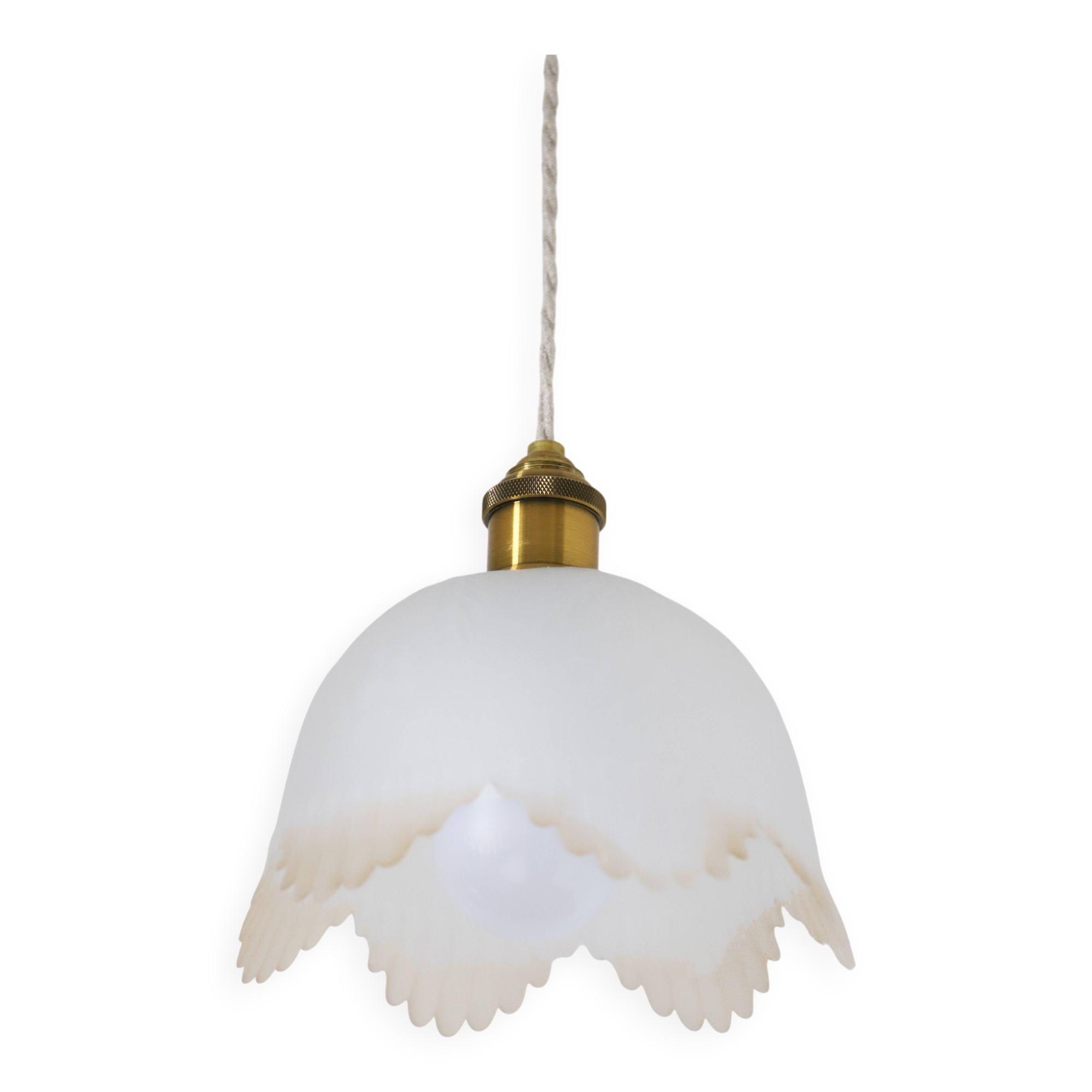 Frosted glass pendant light with floral pattern and wavy edge