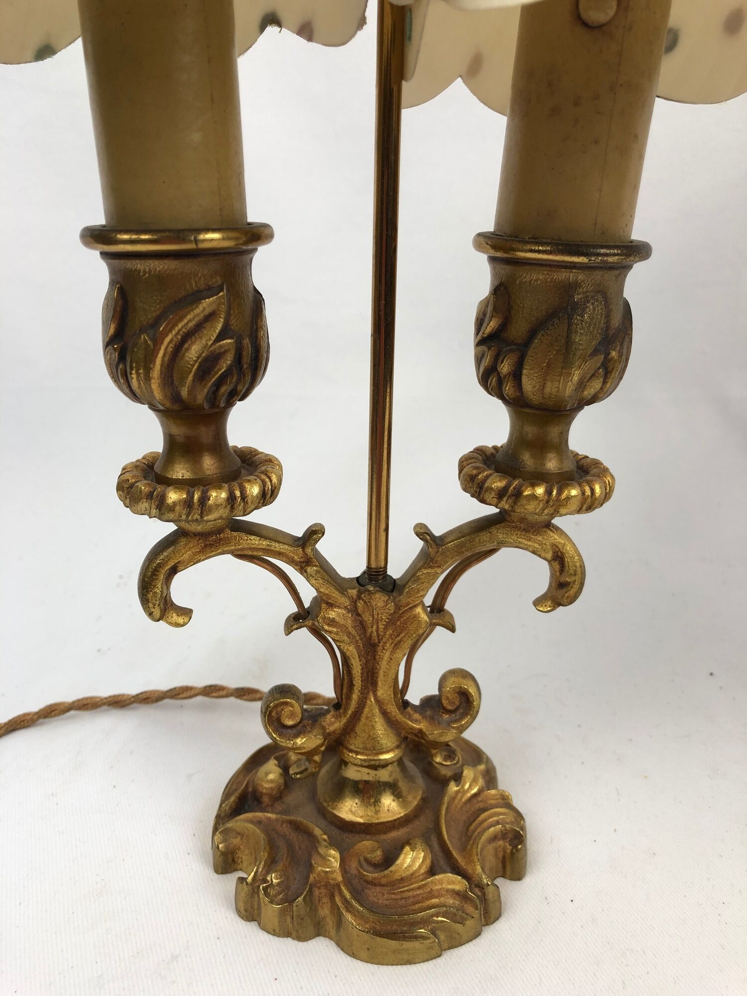Pair of antique hot water bottle lamps in gilded bronze
