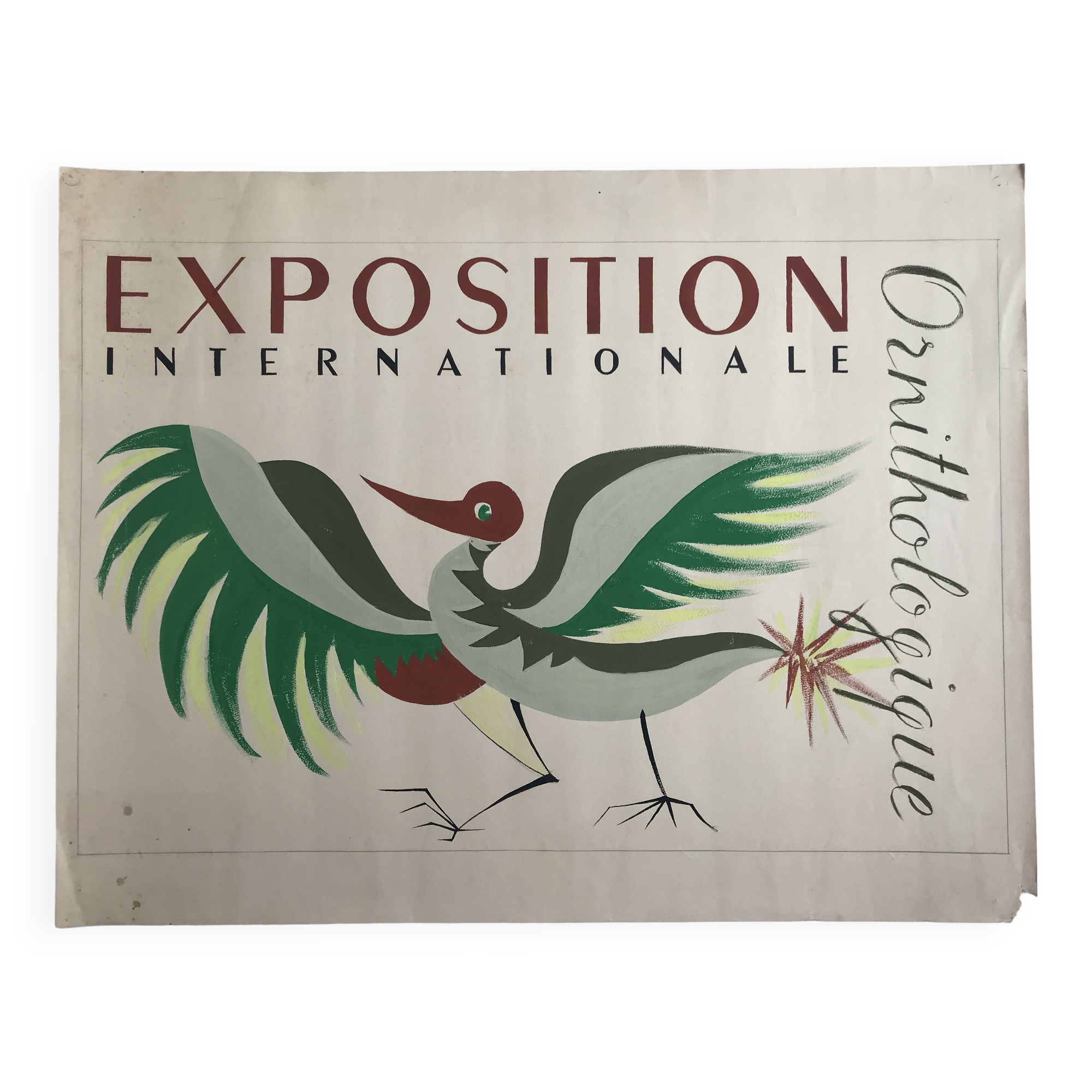 International art deco ornithological exhibition. Original poster painted in gouache.