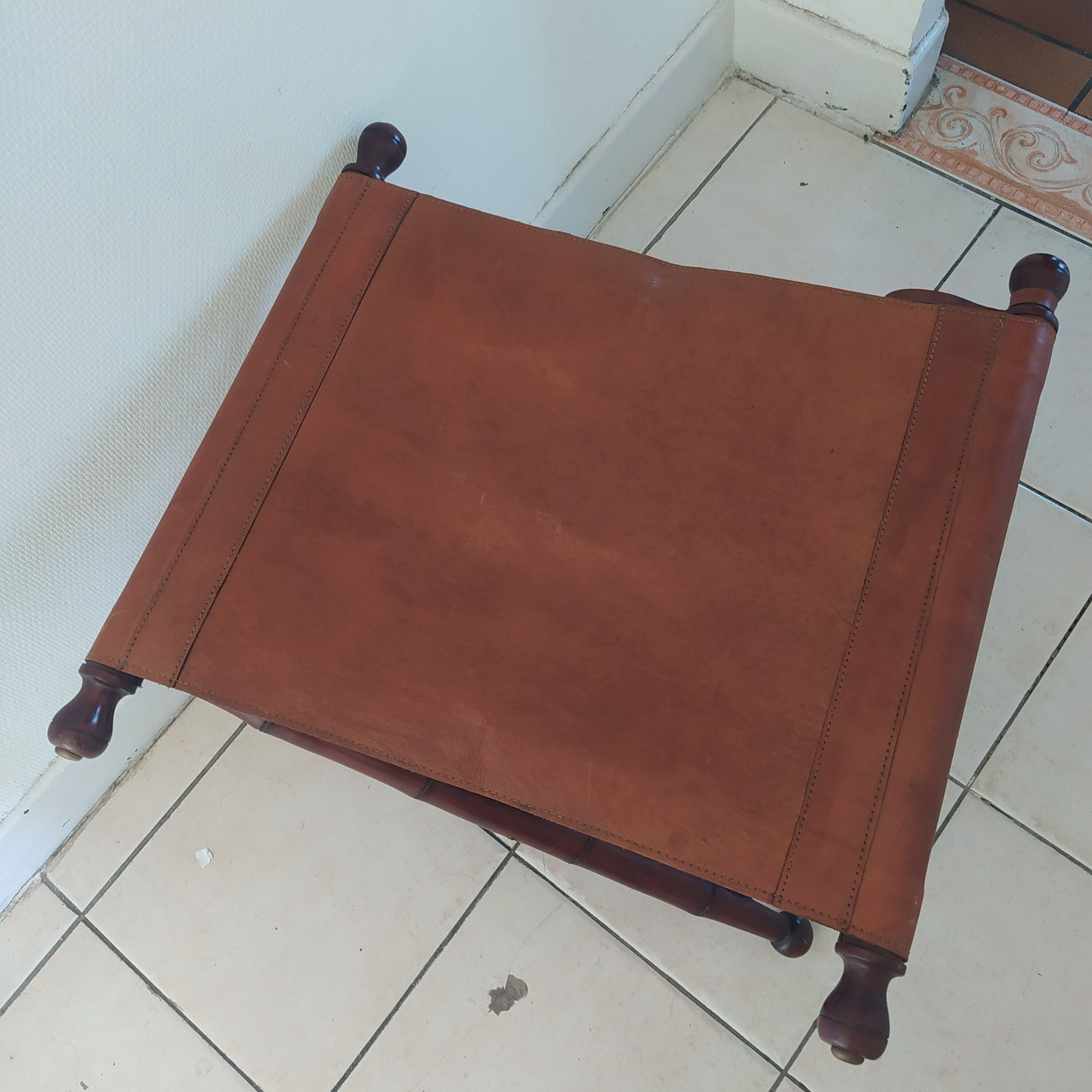 Vintage foldable leather and mahogany stool