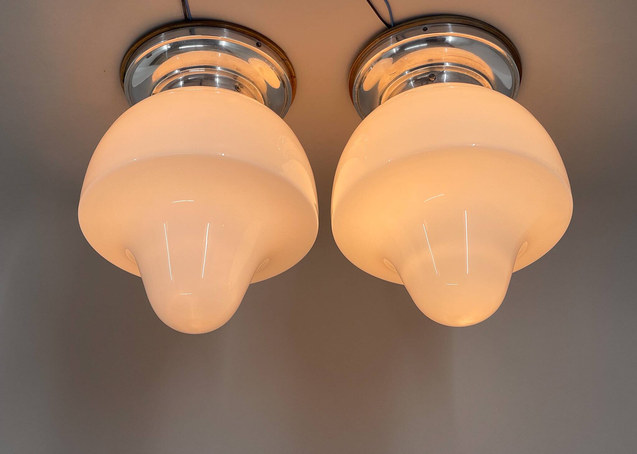 Pair of Mid-Century Chrome & Milk Glass Ceiling Ligts, Restored