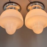 Pair of Mid-Century Chrome & Milk Glass Ceiling Ligts, Restored