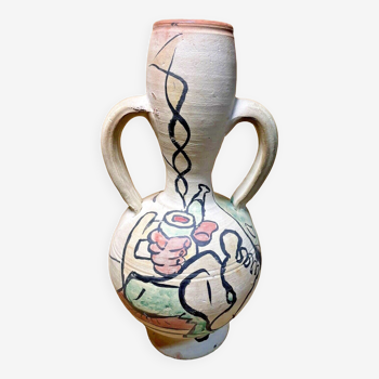 Hand-painted terracotta amphora, 60's design, signed "tm", vintage