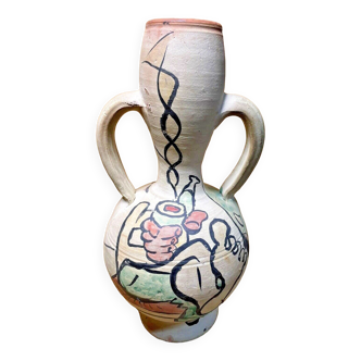 Hand-painted terracotta amphora, 60's design, signed "tm", vintage