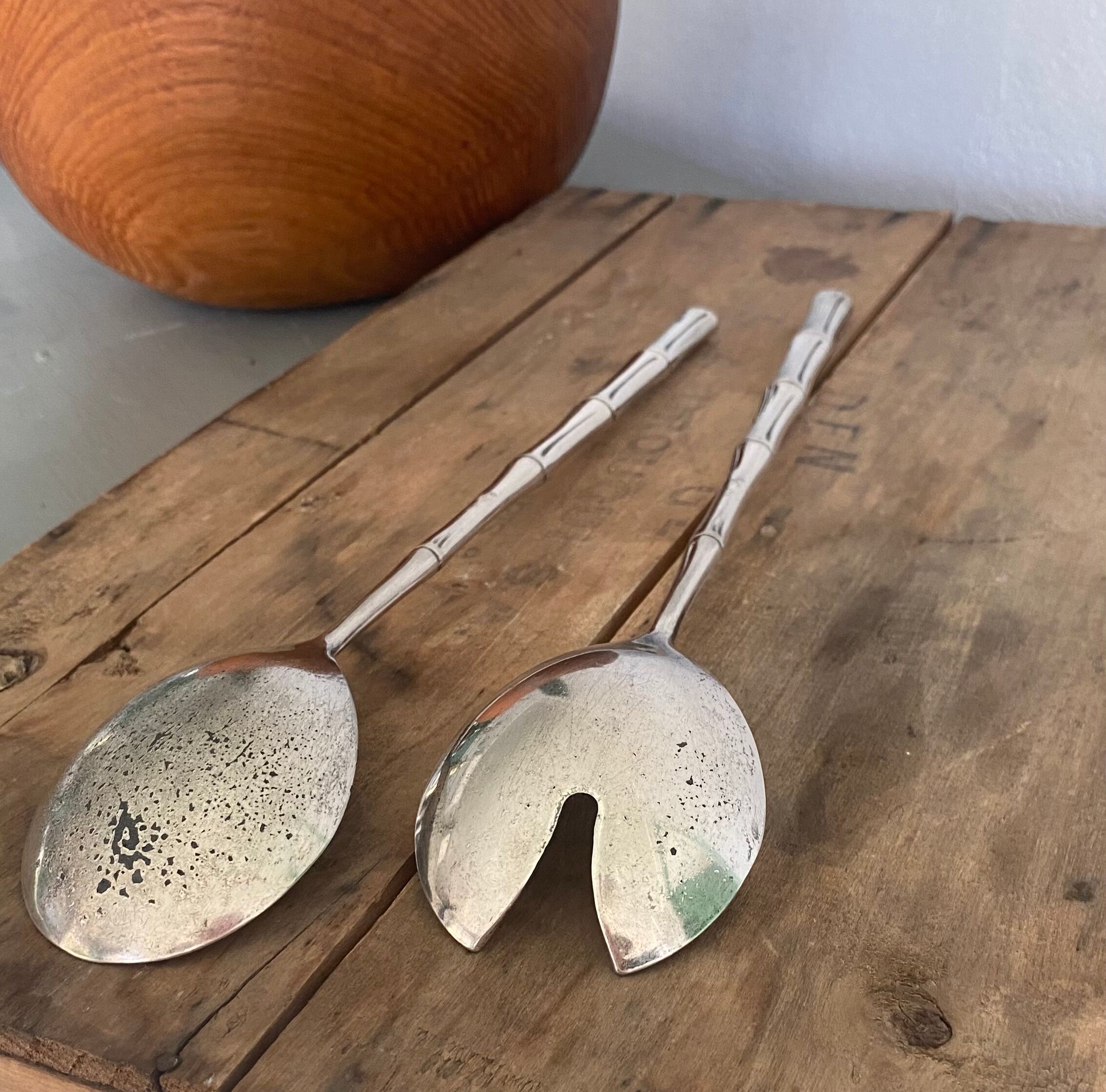 Silver metal service cutlery, bamboo model