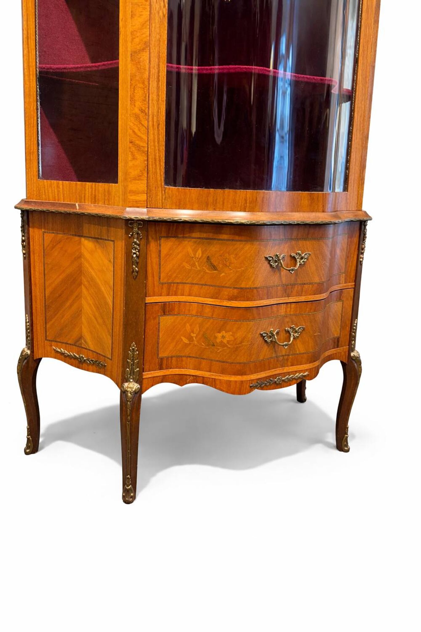 Antique Louis XV style display cabinet with marquetry, circa 1900.