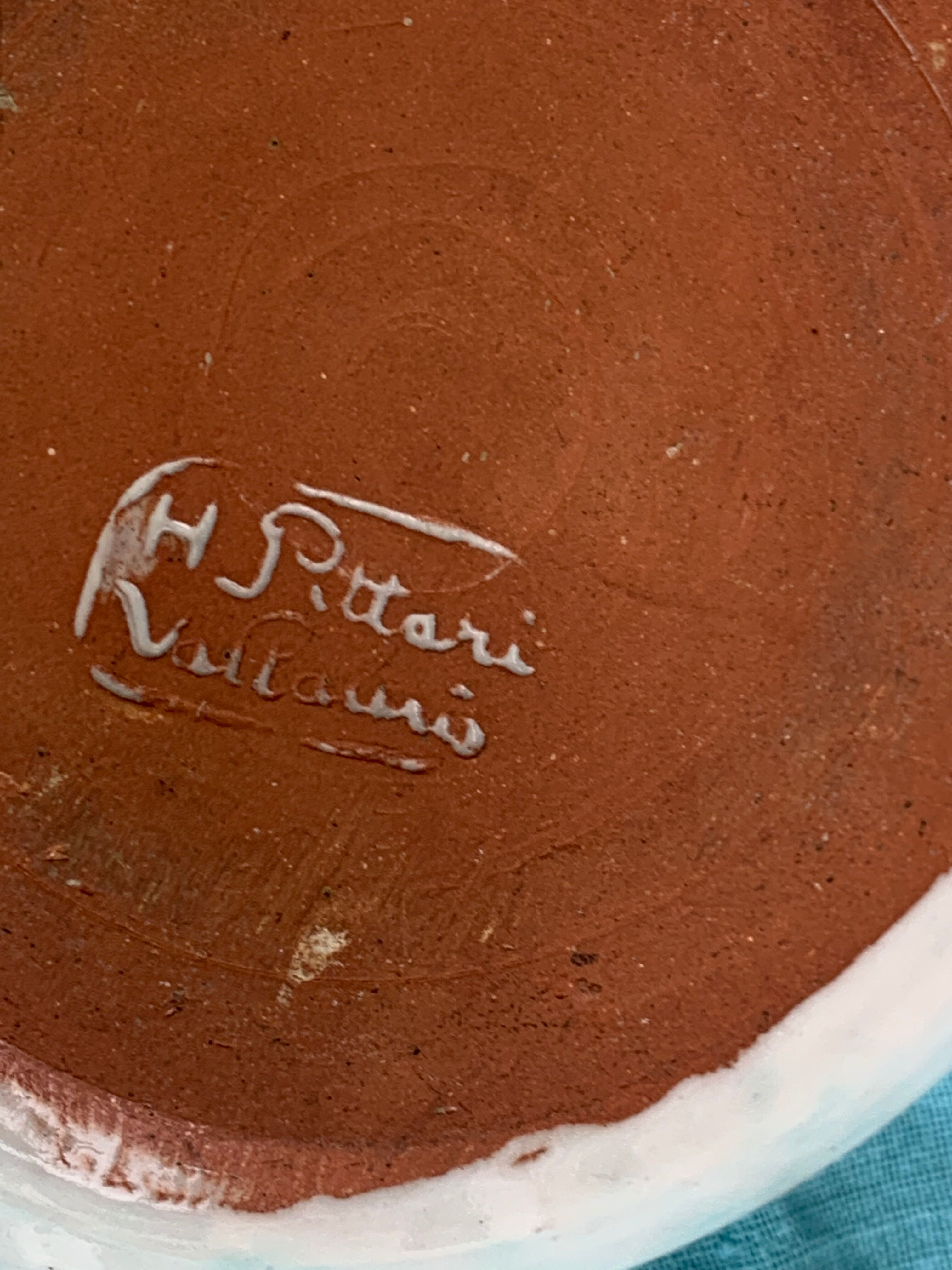 Caquelon, pan sign Humbert pittari vallauris model with blue glazed ceramic fish