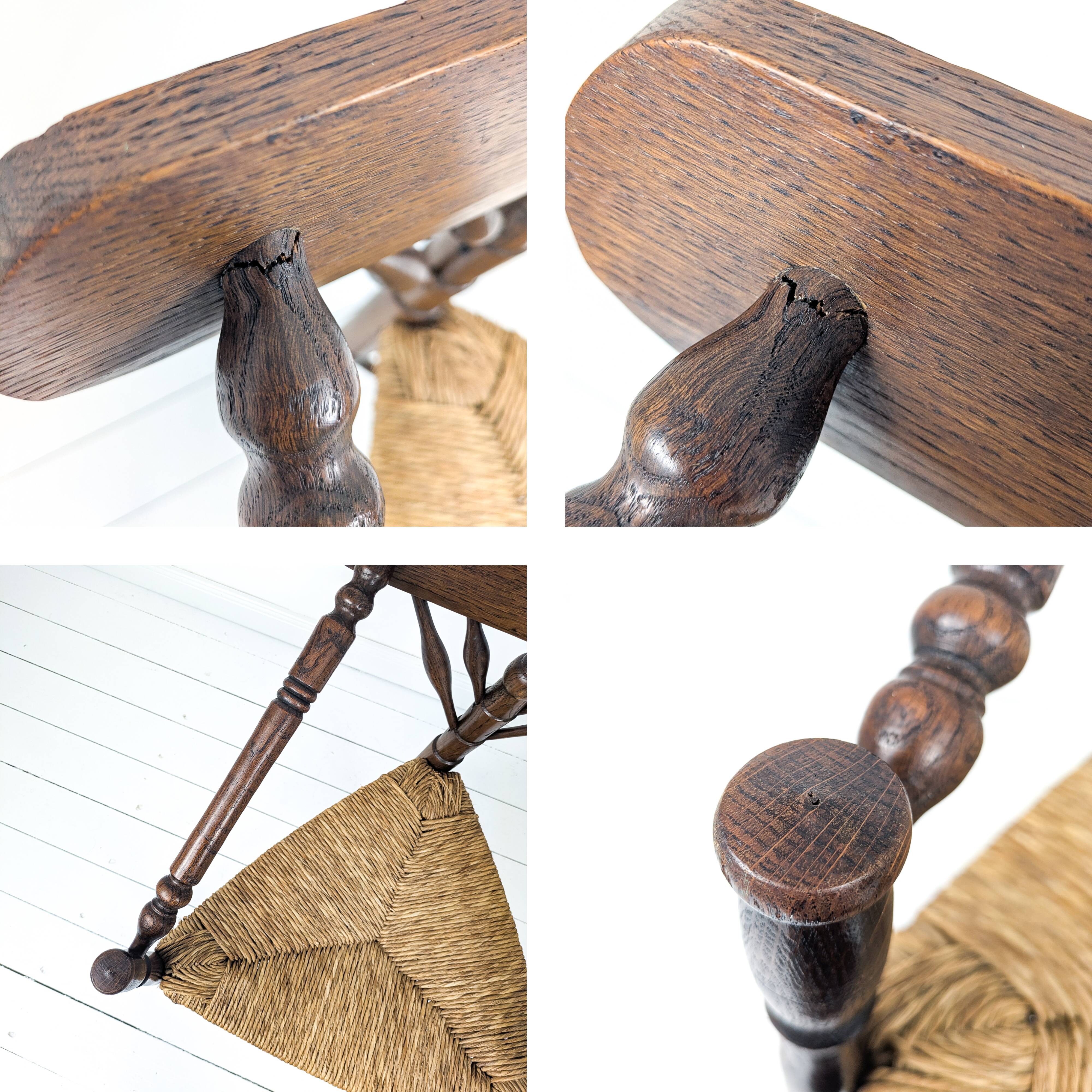 Chaise d’angle vintage antique à trois pieds en bois massif avec assise en