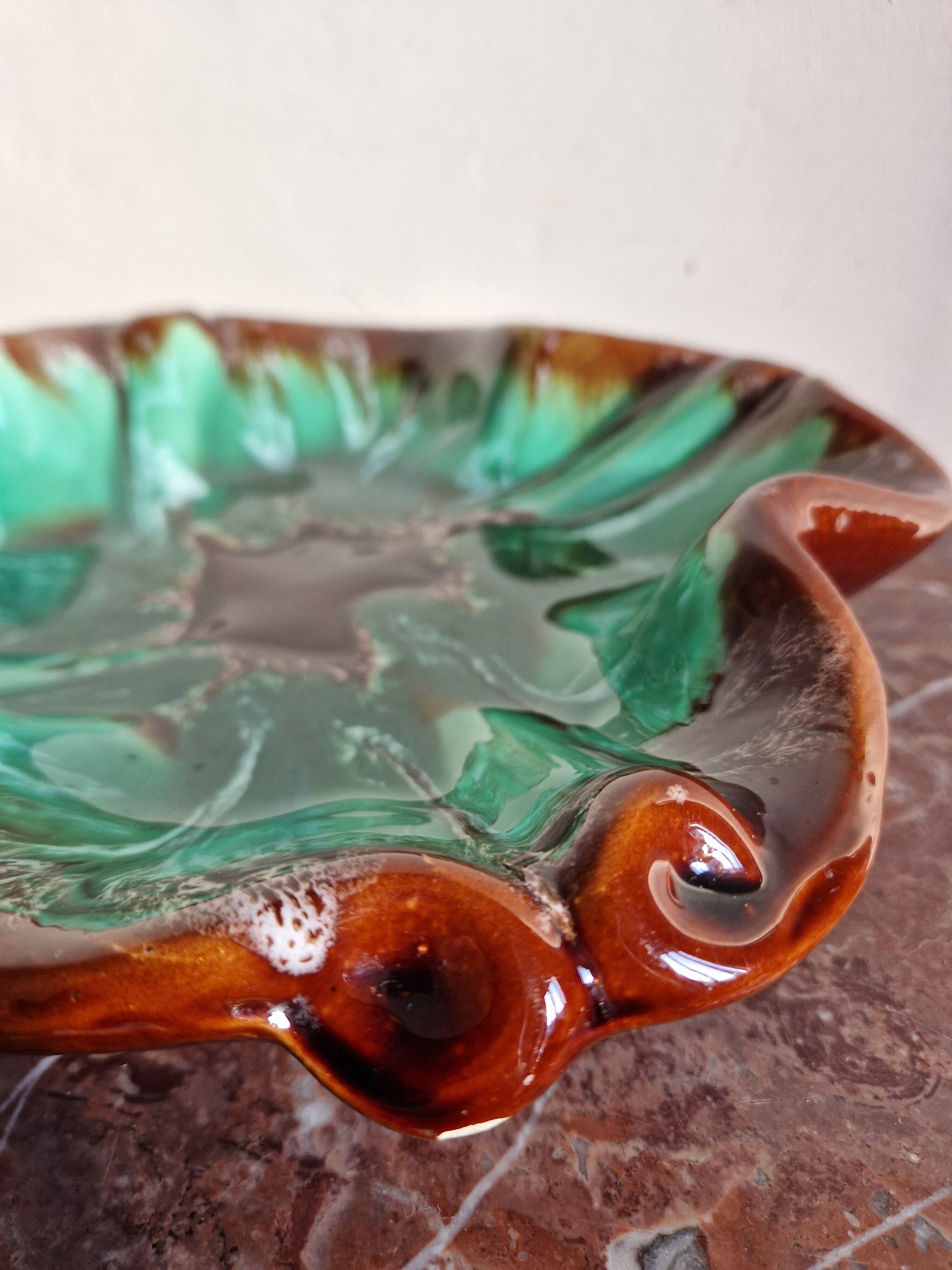 Large ceramic leaf bowl Vallauris green brown 1960s - signed