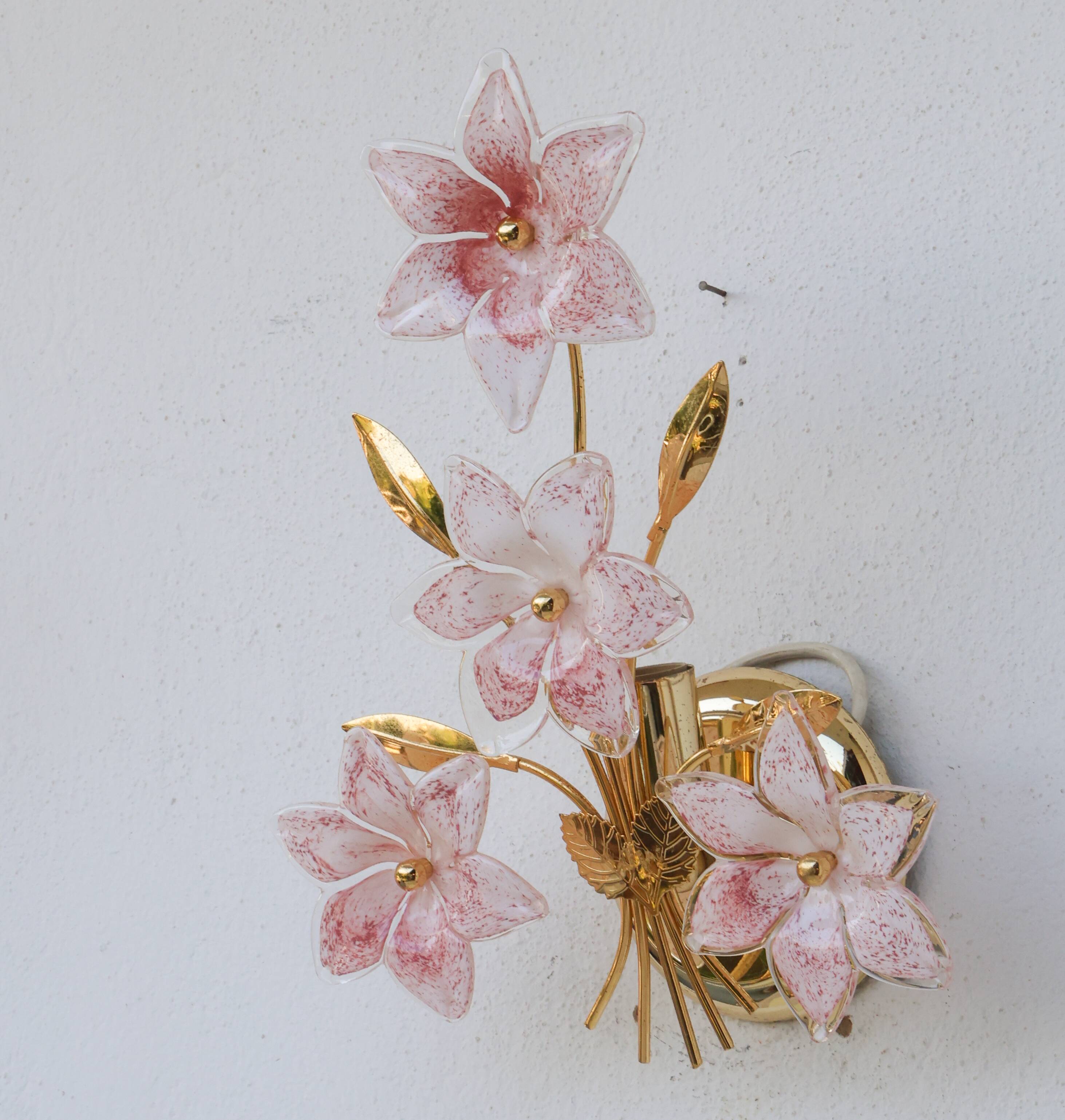 Ensemble de 2 appliques Murano fleurs roses, années 1970