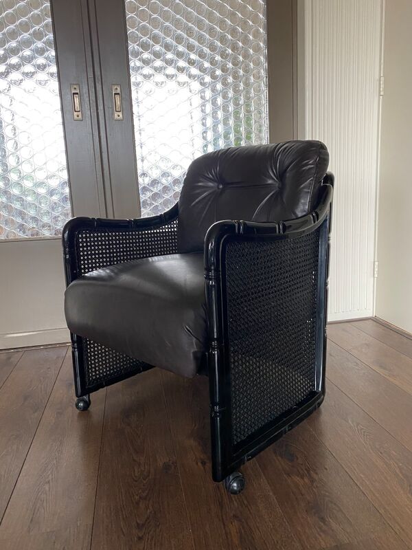 fauteuil Faux Bamboo, Rotin & Cuir, Années 1970