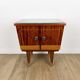 1950s bedside table in varnished wood veneer and brass.