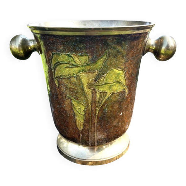 Seau à glace en cloisonné émaillé en laiton, floral français pour champagne