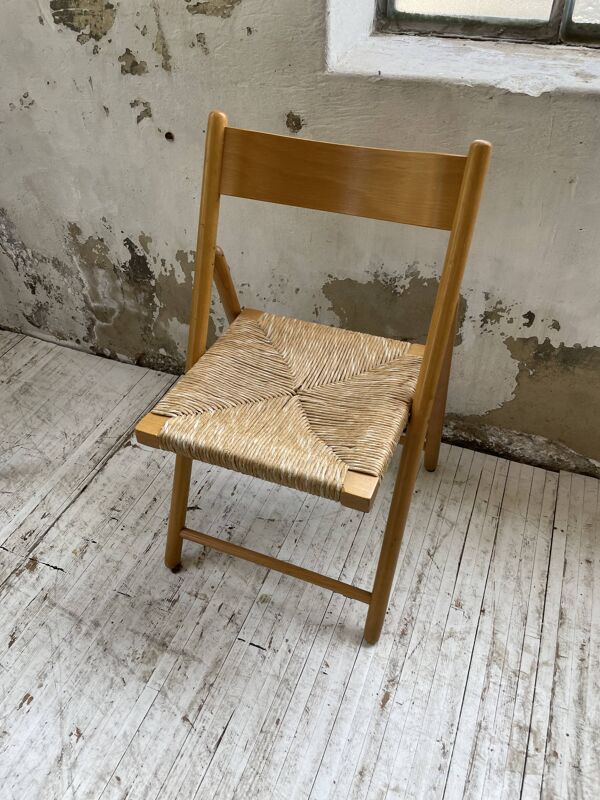 Chaise pliante hêtre et paille années 80