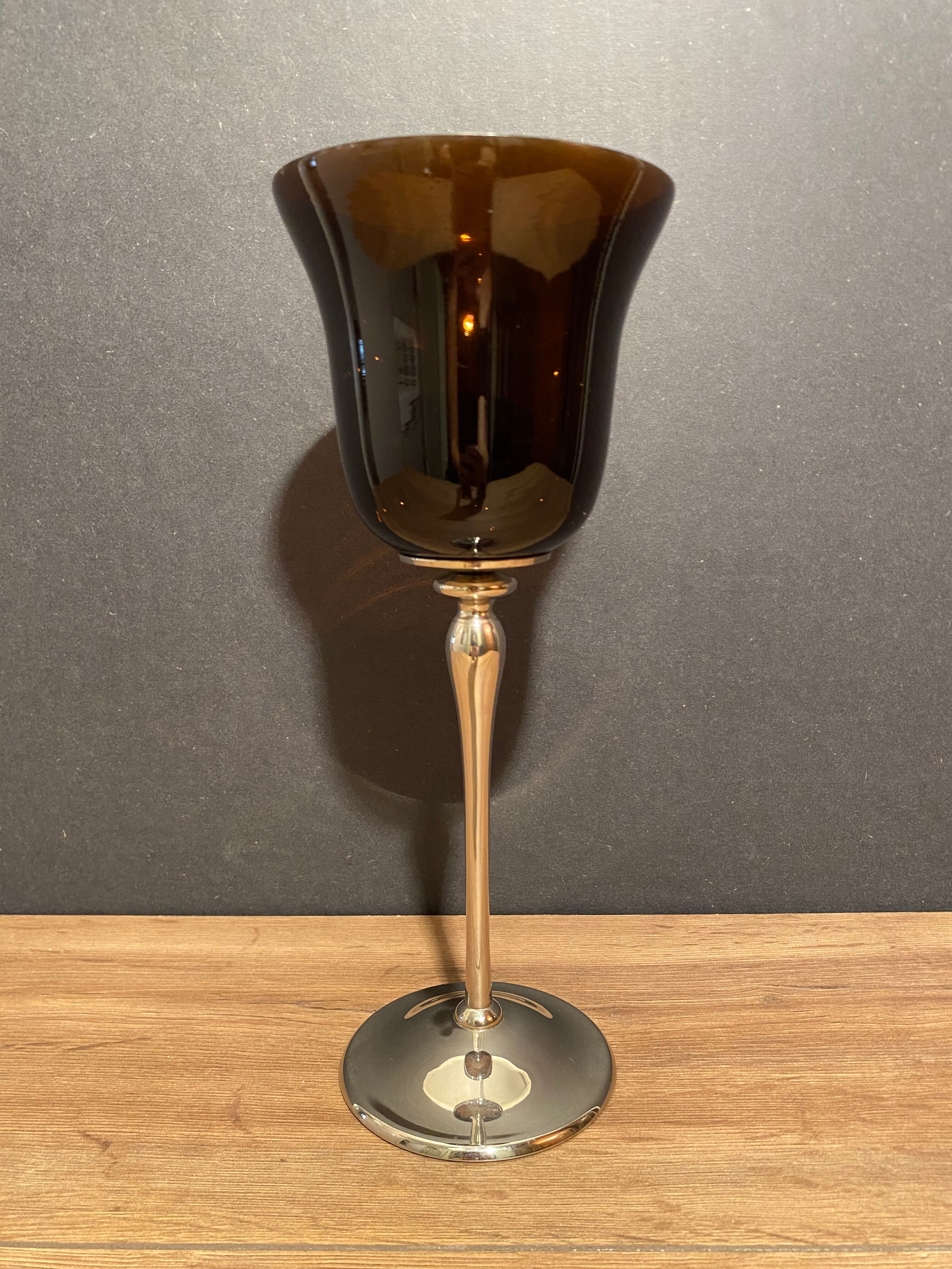 Photophore in tinted glass on high metal foot with silver patina