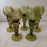 5 green crystal Roemer wine glasses, 19th century vintage in crystal.