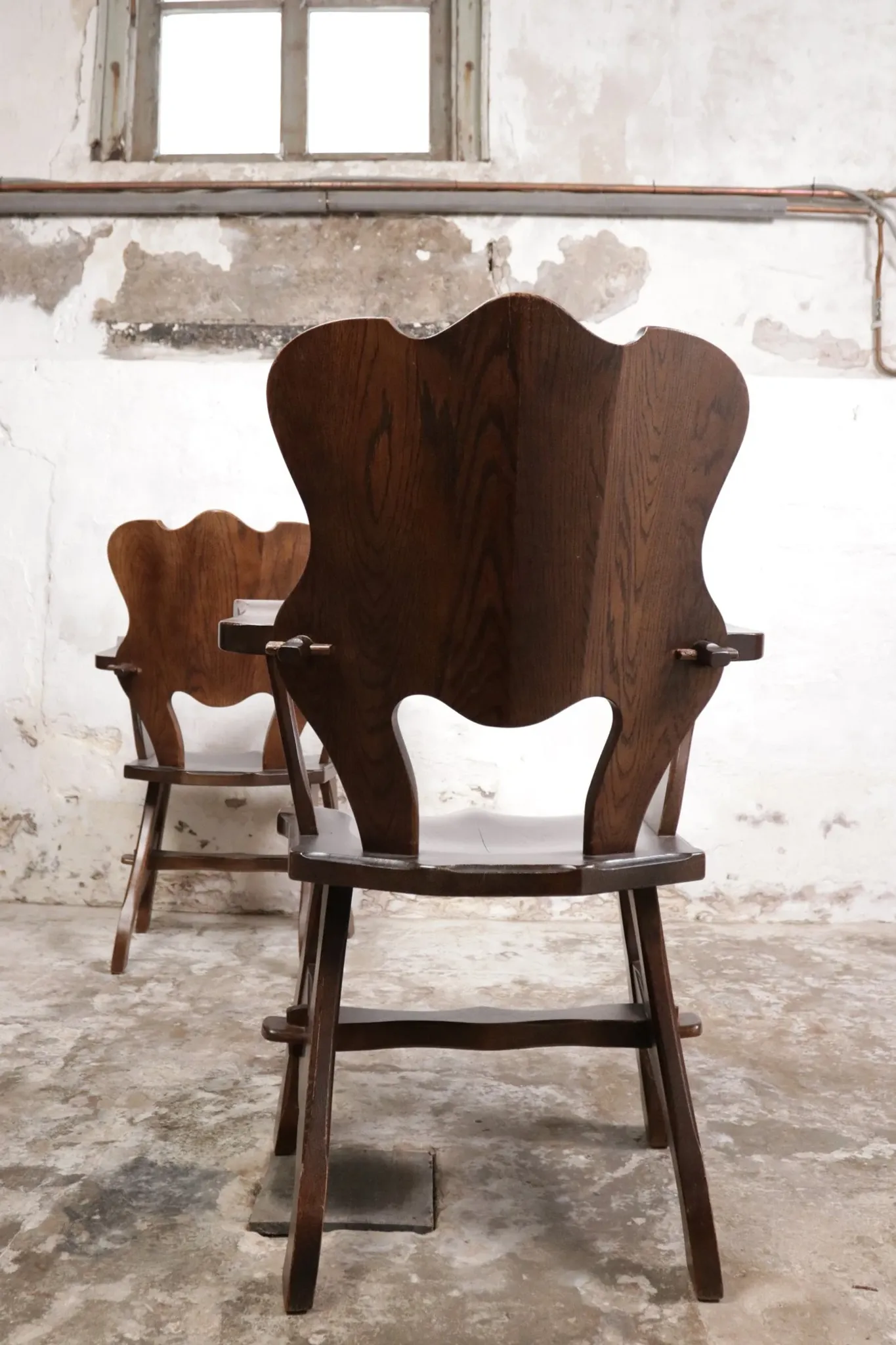 Story book brutalist wabi sabi oak fireplace lounge chairs
