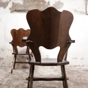 Story book brutalist wabi sabi oak fireplace lounge chairs