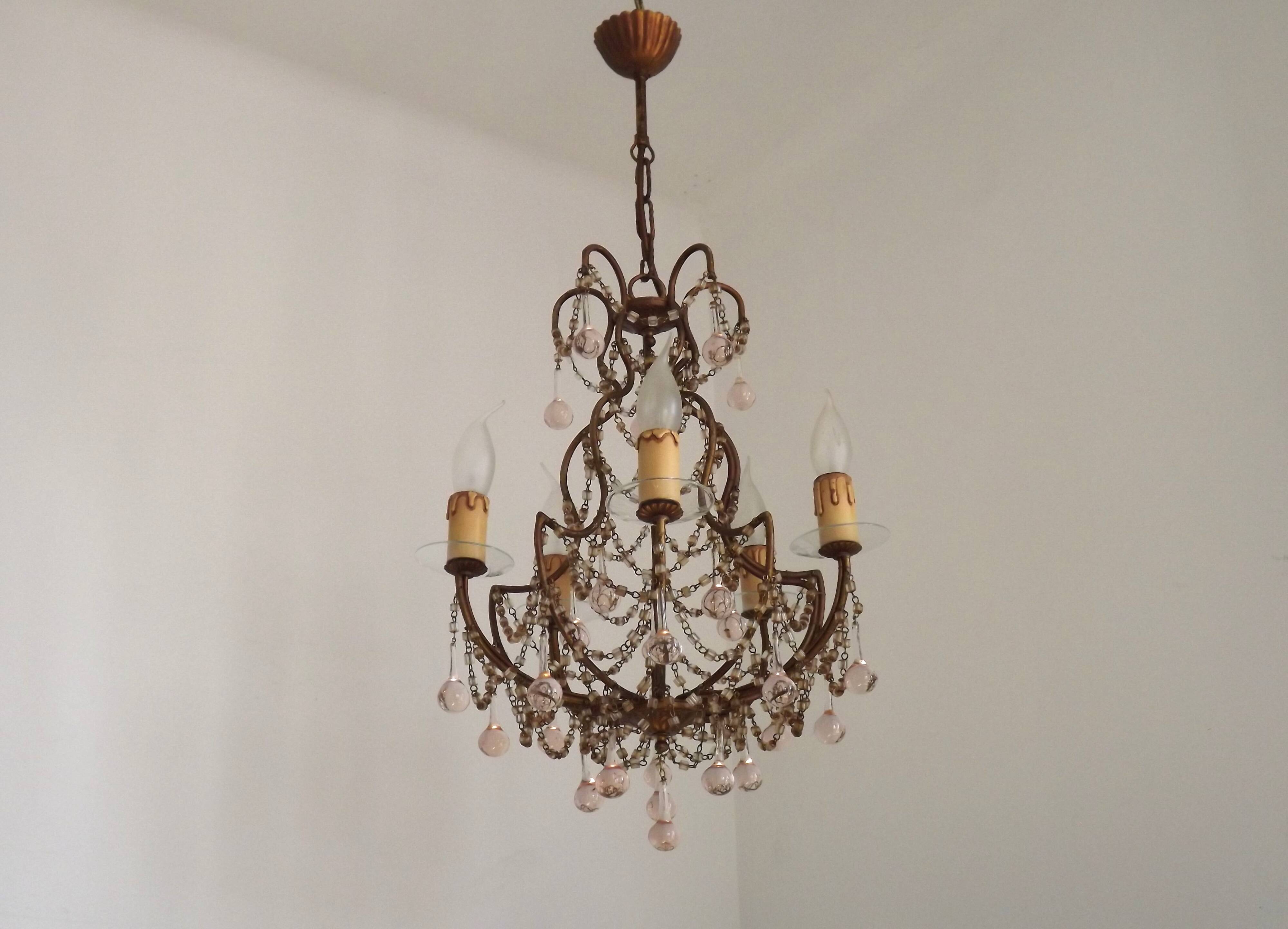 Vintage Italian 5 Arm Gilded Metal Cage Chandelier Beads &Pink Murano Drops