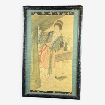 Grande aquarelle Japon XIXe à la geisha avec cadre laqué