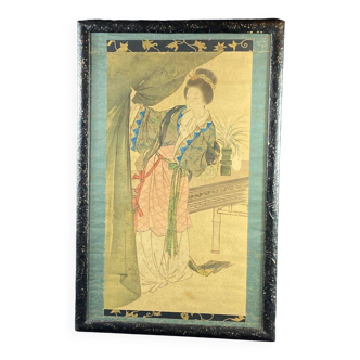 Large 19th century Japanese watercolor with geisha with lacquered frame