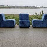 Modular sofa with 5 blue velvet armchairs, circa 1980