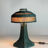 Green Art Deco rattan wicker mushroom "Eiffel" table lamp, 1950s
