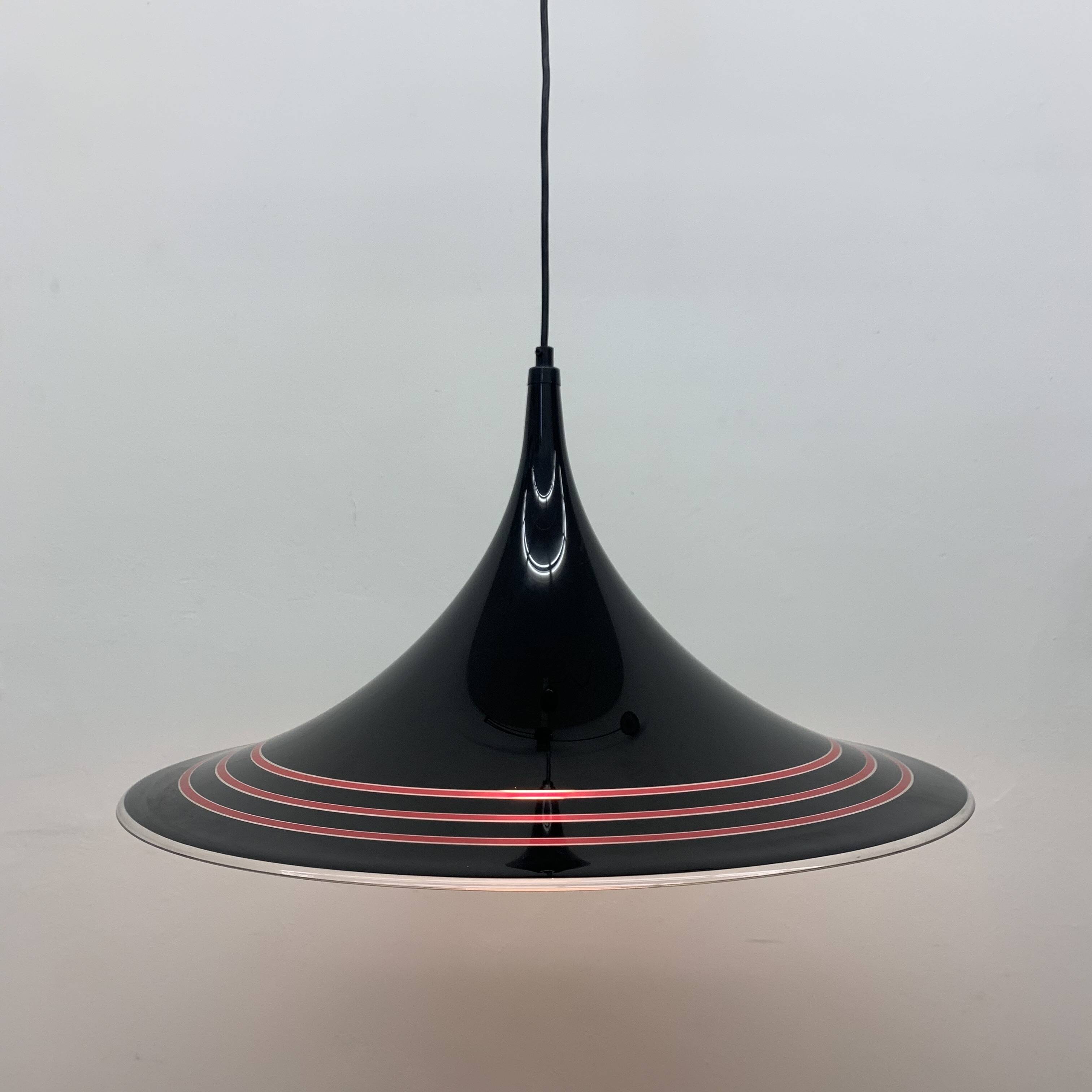 Vintage plastic meblo guzzini black trumpet hanging lamp , 1980’s