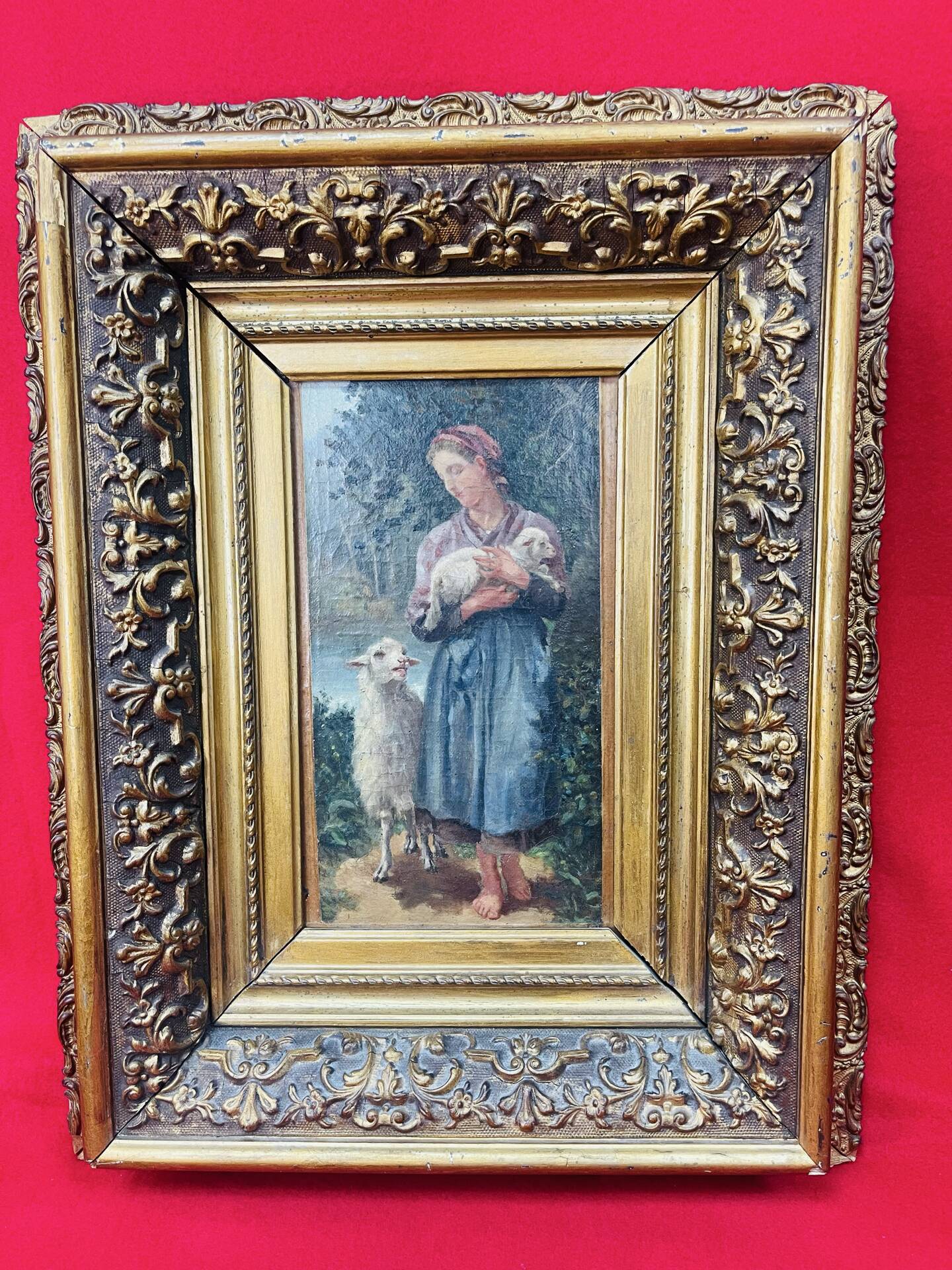 Oil painting on panel of a shepherdess with lambs after J.B. Hofner X