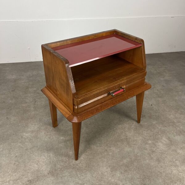 Table de chevet années 50 style vintage, bois et verre
