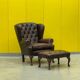 Dark Brown leather chesterfield wing chair with Ottoman
