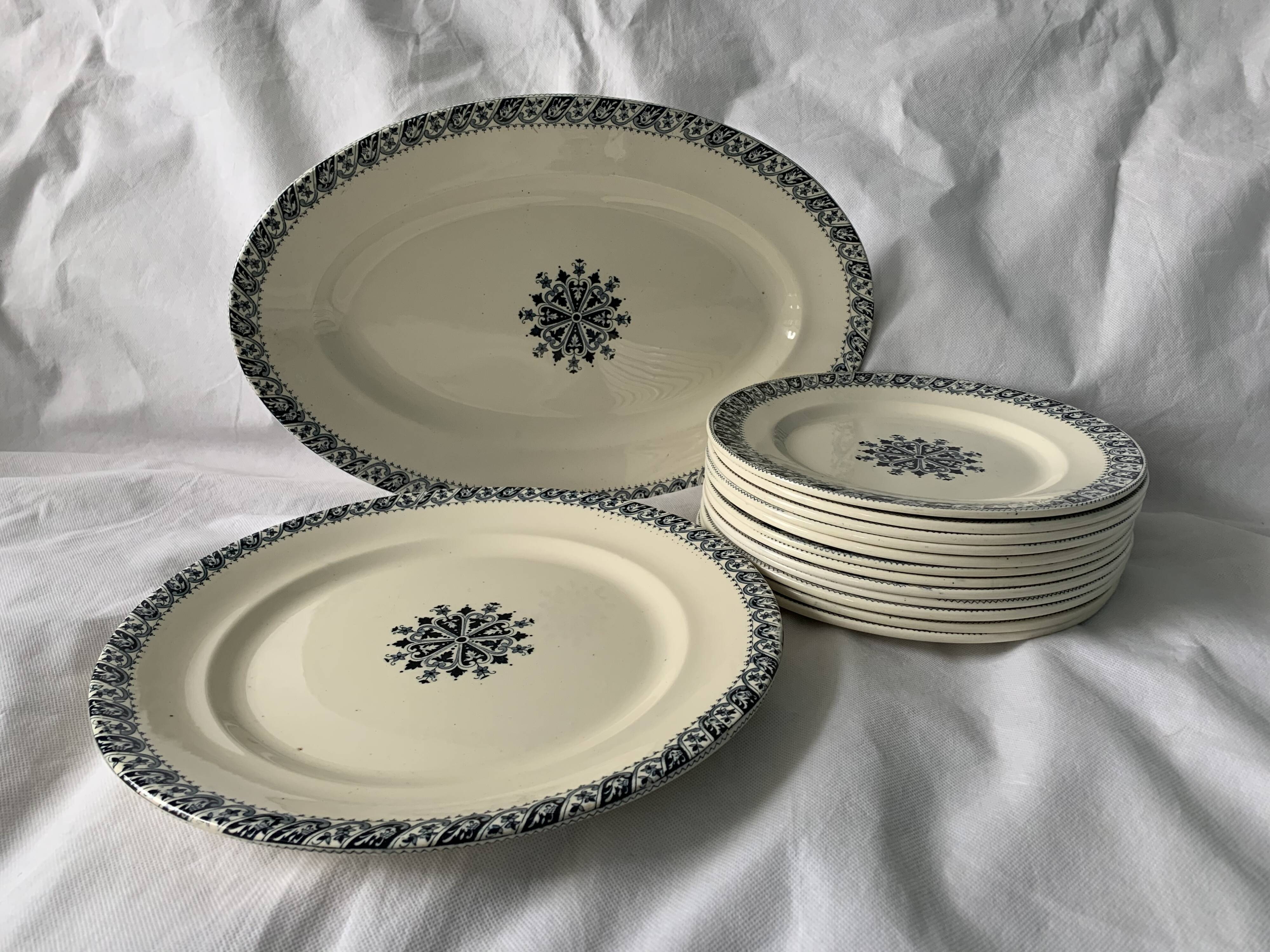 Lot of 12 old flat plates and 2 dishes, Terre de fer Henri II Salins