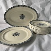 Lot of 12 old flat plates and 2 dishes, Terre de fer Henri II Salins