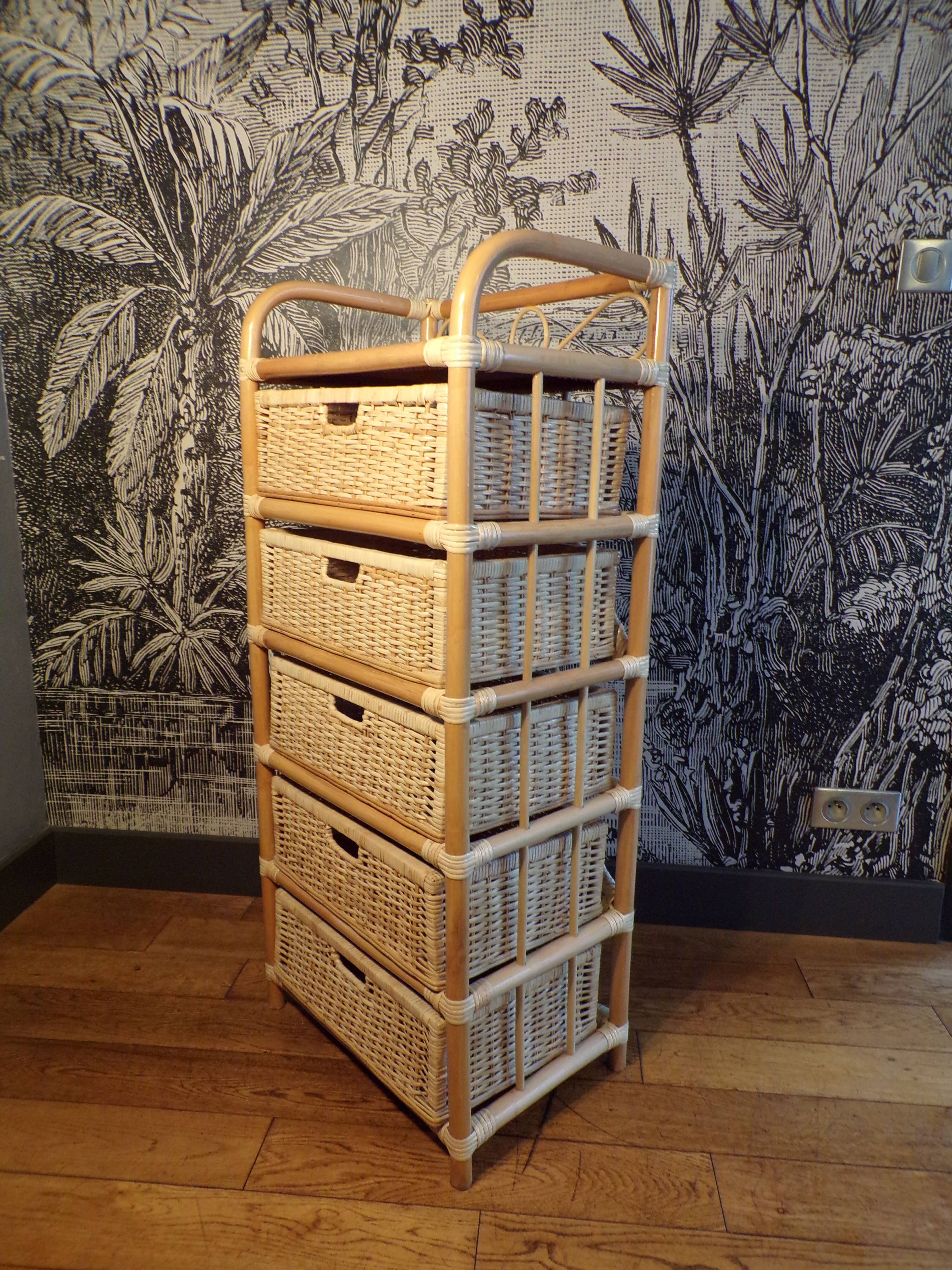 Commode vintage 5 tiroirs en rotin