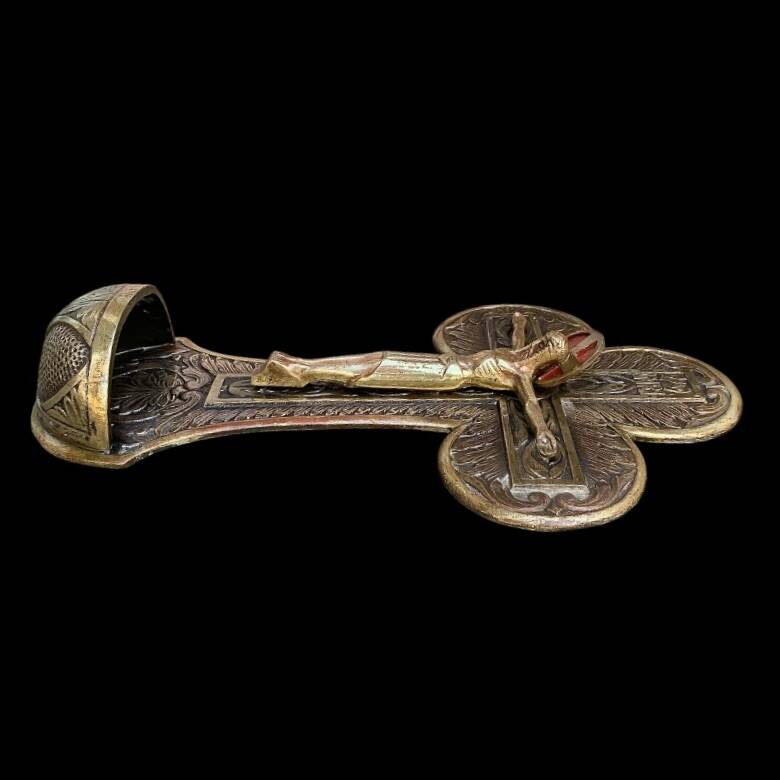 Old holy water stoup crucifix – patinated bronze