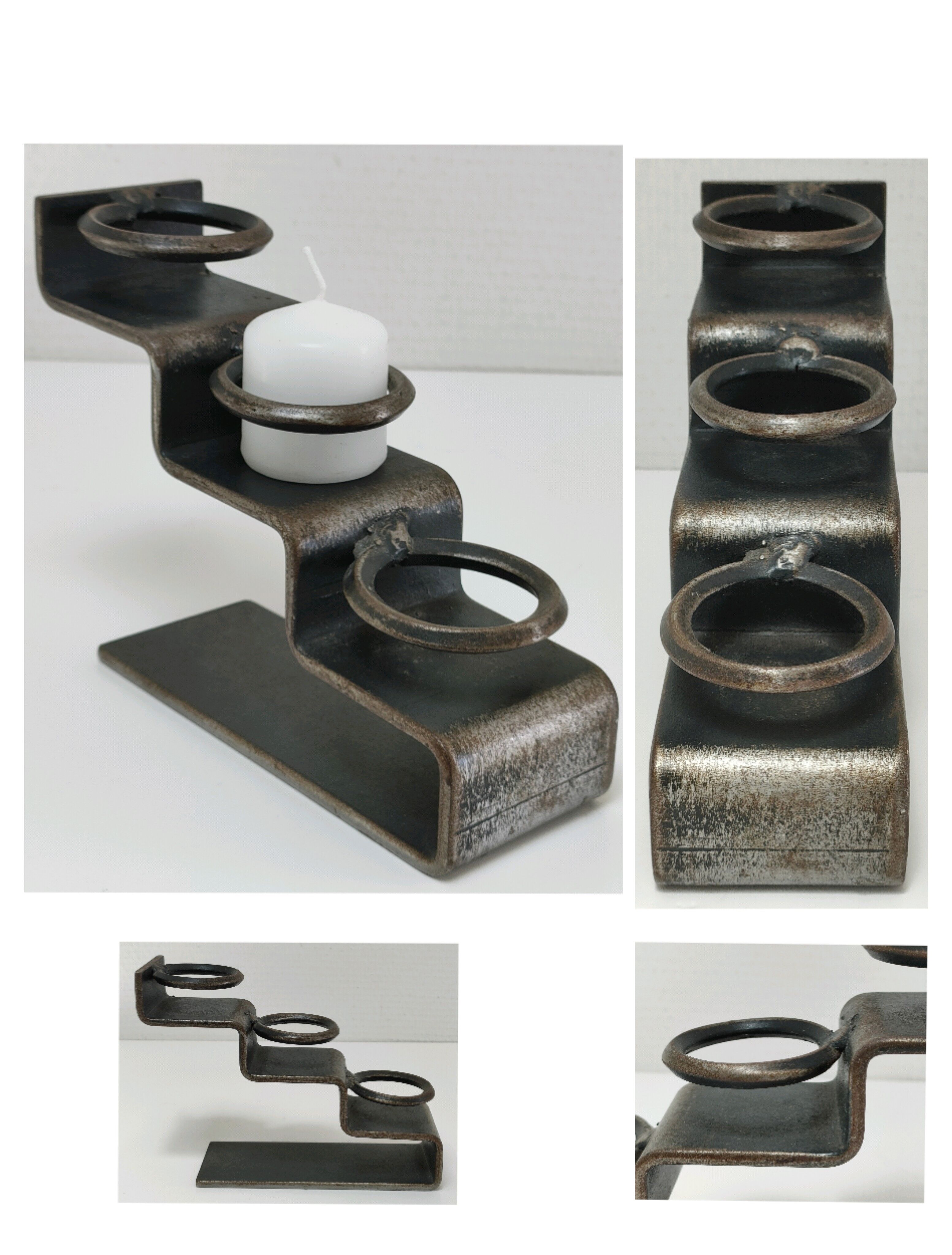 Sculptural candle holder patinated steel design 80s