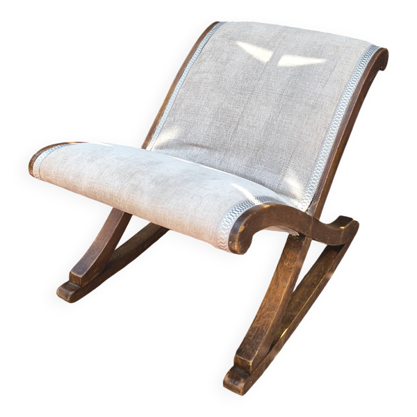 Repose-pieds basculant vintage (années 60/70) – Retapissé tissu gris clair